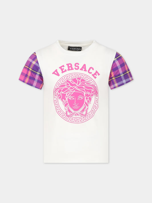 T-shirt bianca per bambina con Medusa e logo,Versace,1000052 1A08432 6WB00