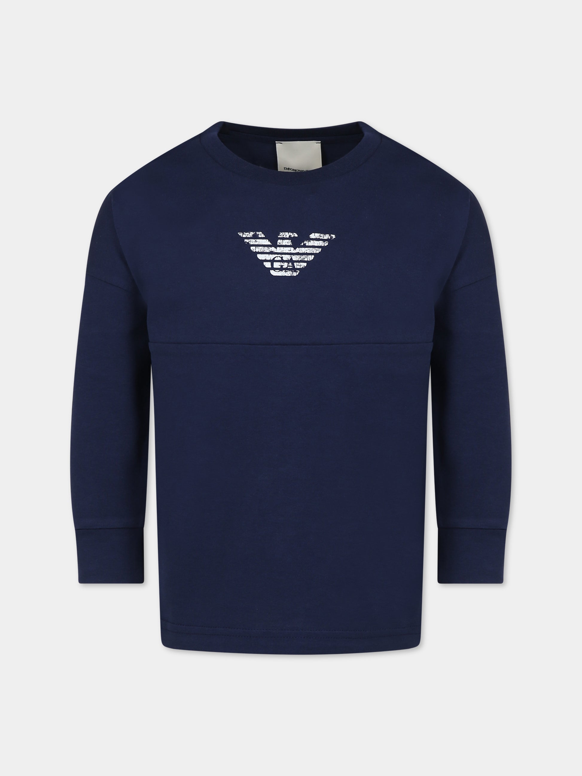 T-shirt blu per bambino con aquilotto e logo,Armani Junior,6R4TE3 1JFFZ 09L0