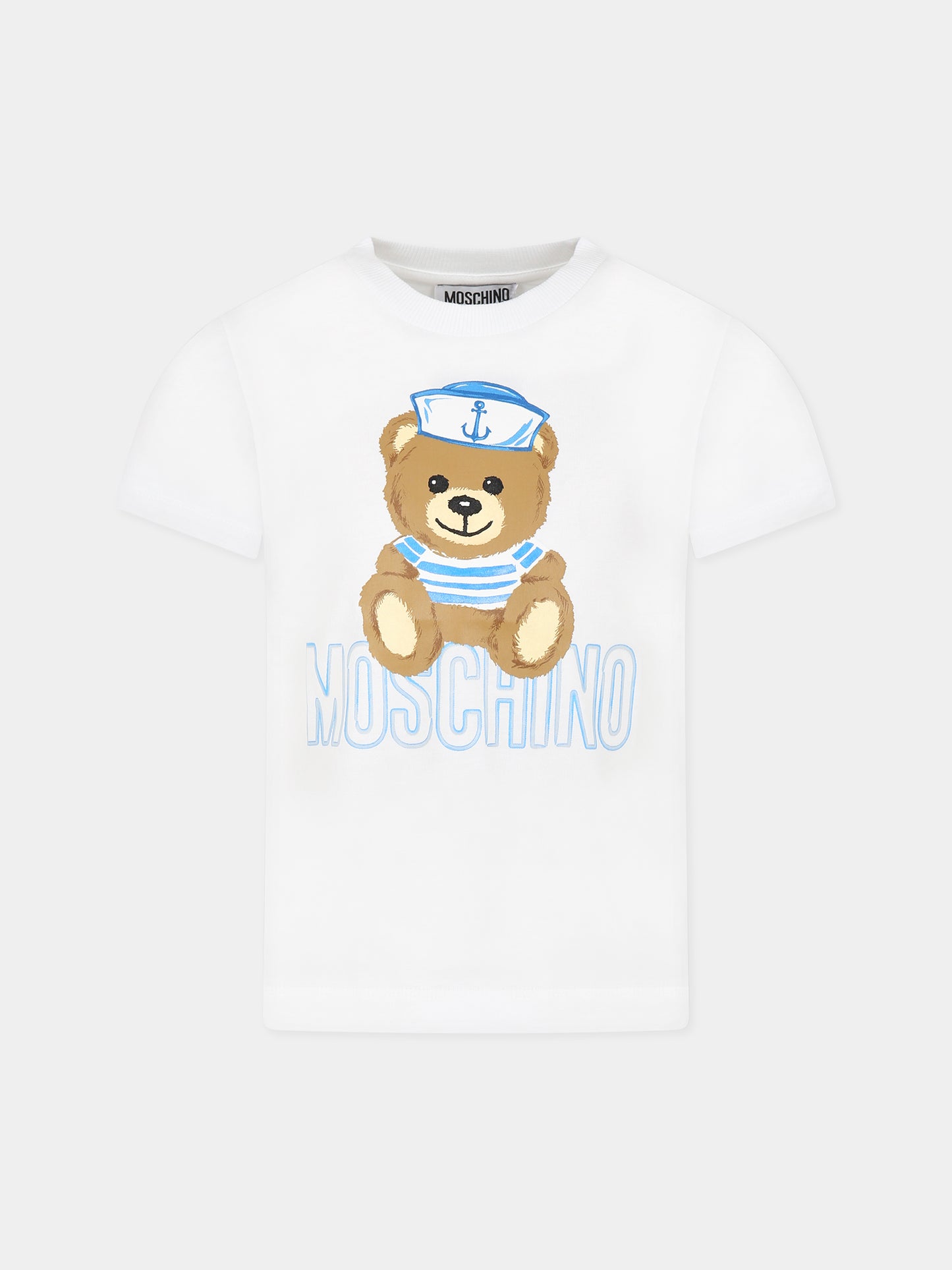 T-shirt bianca per bambini con Teddy Bear marinaio,Moschino Kids,HSM03L LAA02 10101
