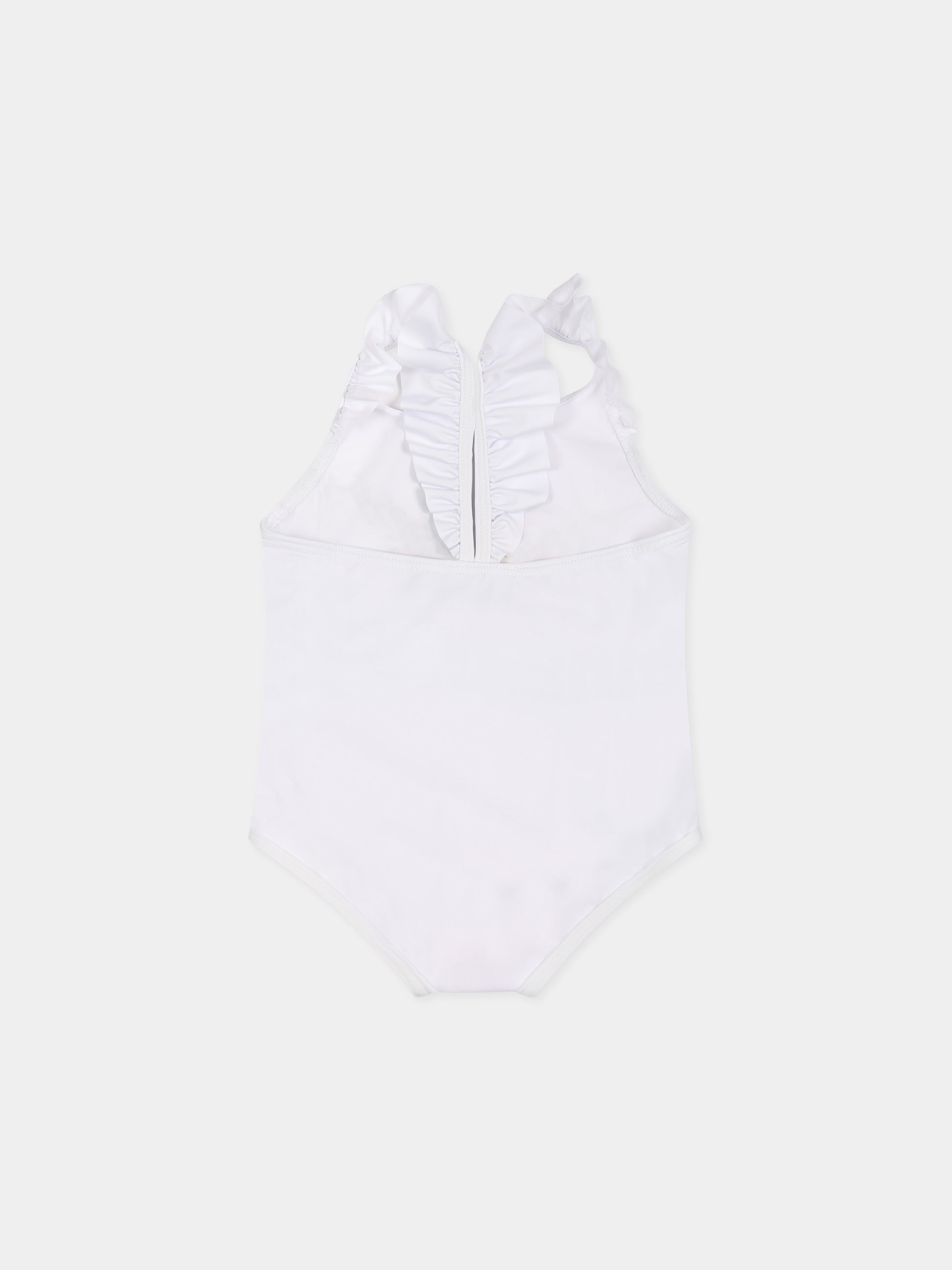 White swimsuit for baby girl with Teddy Bear and logo,Moschino Kids,MDL00L LKA00 10101
