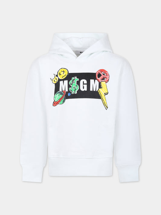 Felpa bianca per bamibni con logo e stampa,Msgm Kids,MS029503 001