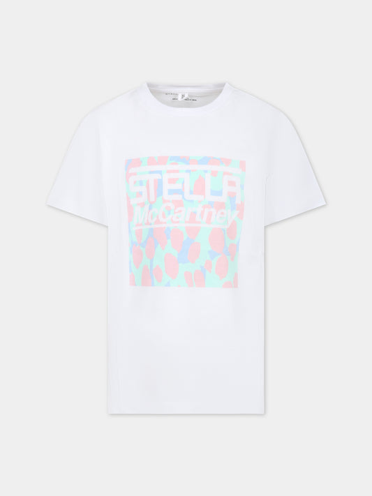 T-shirt bianca per bambina con logo e stampa,Stella Mccartney Kids,TS8C71 Z0434 101-